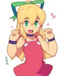  1girl bare_shoulders blonde_hair commentary_request fingers_to_cheeks flat_chest green_eyes hair_ribbon long_hair mega_man_(classic) mega_man_(series) metata open_mouth ponytail red_skirt redrawn ribbon roll_(mega_man) simple_background skirt smile solo white_background 