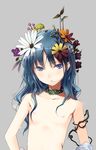  bangs blue_eyes blue_hair eyebrows_visible_through_hair flat_chest flower fuyuno_haruaki grey_background hair_flower hair_ornament heartcatch_precure! kurumi_erika long_hair looking_at_viewer nipples nude open_mouth precure simple_background solo upper_body 