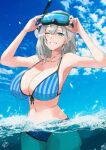  1girl absurdres armpits bikini blue_bikini blue_eyes blush bondtanuki breasts cleavage cloud collarbone goggles goggles_on_head grey_hair hair_behind_ear highres hololive large_breasts looking_up medium_hair navel shirogane_noel sky smile snorkel solo striped_bikini striped_clothes swimsuit vertical-striped_bikini vertical-striped_clothes virtual_youtuber water 