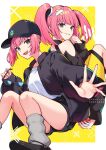  1girl baseball_cap black_shirt blush coral_(pokemon) eyelashes fang grey_eyes hair_ornament hat highres jacket long_sleeves looking_at_viewer off_shoulder open_mouth pink_hair pokemon pokemon_(anime) pokemon_horizons shirt shorts sleeves_past_fingers sleeves_past_wrists smile solo sunglasses t-shirt tila_276 twintails 