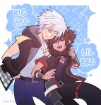  2boys arm_around_neck belt black_belt black_gloves black_jacket black_pants blue_background blue_eyes blue_pants blue_shirt border brown_hair chain_necklace closed_eyes closed_mouth crown_necklace english_text fingerless_gloves gloves highres jacket jewelry kingdom_hearts kingdom_hearts_iii multiple_boys necklace open_mouth outside_border pants riku_(kingdom_hearts) shirt short_sleeves sora_(kingdom_hearts) sparkle_background teeth tongue upper_teeth_only white_border white_hair white_white wide_sleeves 