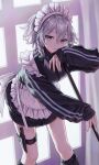  1girl absurdres apron black_dress blue_eyes bored bow braid commentary_request dress green_bow grey_hair hair_bow highres izayoi_sakuya looking_at_viewer maid maid_apron maid_headdress single_braid solo torinari_(dtvisu) touhou track_suit unconventional_maid weapon_in_garters white_apron 
