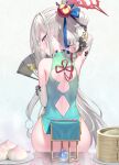  1girl ass back_cutout bamboo_steamer baozi bare_shoulders blue_archive blue_dress bridal_gauntlets china_dress chinese_clothes clothing_cutout dress food from_behind green_dress grey_hair hair_ornament halo hand_fan highres holding long_hair looking_at_viewer looking_back mahjong_soul matanonki multicolored_clothes multicolored_dress mutsuki_(blue_archive) mutsuki_(flowery_charms)_(blue_archive) neck no_panties petals pink_eyes plate pointy_ears reflection reflective_surface sitting smile solo very_long_hair 