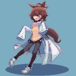  1girl agnes_tachyon_(umamusume) ahoge animal_ears blue_background breasts brown_hair brown_pantyhose coat full_body hands_up horse_ears horse_girl horse_tail lab_coat open_clothes open_coat open_mouth orange_eyes outline pantyhose pixel_art shoes short_hair simple_background sleeves_past_fingers sleeves_past_wrists small_breasts smile solo sweater tail take2uchi test_tube umamusume white_footwear white_outline yellow_sweater 