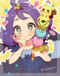  +_+ 1girl acerola_(pokemon) armlet blush closed_mouth commentary_request dress eyelashes food food_on_face grey_eyes hair_ornament hairclip highres holding ice_cream ice_cream_cone looking_at_viewer mimikyu pokemon pokemon_sm star_(symbol) sumeragi1101 topknot torn_clothes torn_dress twitter_username yellow_background 