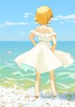  1girl blonde_hair blue_sky don_quixote_(project_moon) dress from_behind full_body highres limbus_company ocean off-shoulder_dress off_shoulder outdoors project_moon short_hair sinlu sky solo white_dress 