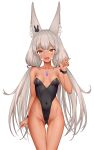  1girl :d absurdres animal_ears ass_visible_through_thighs bare_shoulders black_leotard blush breasts brown_hair cat_ears cat_girl collarbone core_crystal_(xenoblade) covered_navel feichu_keju fingernails highleg highleg_leotard highres leotard long_hair nia_(blade)_(xenoblade) nia_(xenoblade) open_mouth playboy_bunny simple_background small_breasts smile solo strapless strapless_leotard tan twintails very_long_hair w white_background wrist_cuffs xenoblade_chronicles_(series) xenoblade_chronicles_2 yellow_eyes 