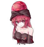  1girl bare_shoulders black_hat breasts closed_mouth clothes_writing collarbone commentary hecatia_lapislazuli highres looking_at_viewer medium_breasts medium_hair red_eyes red_hair simple_background smile solo touhou upper_body white_background zojik 