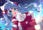  1girl :o ahoge animal_ears animal_hat aqua_eyes blue_hair blurry blurry_background blush bow capelet cat_ears dress dutch_angle fur-trimmed_sleeves fur_trim hair_bow hair_ornament hands_up hat long_hair long_sleeves looking_at_viewer mamyouda mittens night night_sky open_mouth original red_bow red_capelet red_dress sky solo twintails white_mittens 