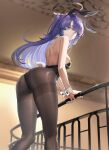  1girl animal_ears ass black_halo black_pantyhose blue_archive breasts closed_mouth halo long_hair lp pantyhose playboy_bunny purple_eyes purple_hair rabbit_ears thighs yuuka_(blue_archive) 