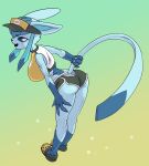  absurd_res blue_body blue_eyes butt clothing dolphin_shorts eeveelution female generation_4_pokemon glaceon hat headgear headwear hi_res nangnam nintendo pokemon pokemon_(species) solo sportswear 