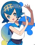  1girl :d black_one-piece_swimsuit blue_eyes blue_hair blue_pants blue_sailor_collar blush bright_pupils commentary_request hairband hands_up happy highres kanimaru lana_(pokemon) looking_at_viewer no_sclera one-piece_swimsuit open_mouth pants pokemon pokemon_sm sailor_collar shirt short_hair sleeveless smile solo swimsuit swimsuit_under_clothes upper_body white_background white_pupils white_shirt yellow_hairband 