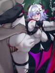  1boy 1girl absurdres bar_censor blush censored chain character_request demon_horns demon_wings elsword grey_hair hetero highres horns jo_an leg_up low_wings nipples open_mouth pale_skin penis pussy_juice red_eyes sex short_hair standing standing_sex thigh_strap thighhighs vaginal wings 