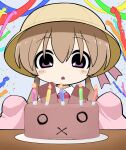  1girl birthday birthday_cake blush brown_hair cake candle commentary_request confetti food grey_background hat highres long_hair long_sleeves looking_at_food low_twintails open_mouth purple_eyes school_hat simple_background sleeves_past_fingers sleeves_past_wrists solo straight-on streamers table tsukuyomi_ai twintails upper_body voiceroid yellow_hat yunji 