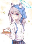  1girl animal_ear_fluff animal_ears apron black_skirt blue_apron blue_archive blue_eyes blue_halo bright_pupils closed_mouth cross_hair_ornament eating food fork grey_hair hair_between_eyes hair_ornament halo head_scarf highres holding holding_fork holding_plate karikura_(atatata71) long_sleeves looking_at_viewer looking_back mismatched_pupils pasta plate shiroko_(blue_archive) shirt skirt solo spaghetti white_background white_pupils white_shirt wolf_ears 