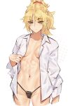  1girl abs absurdres blonde_hair breasts clothes_lift coat commentary deccatezu english_commentary fate/grand_order fate_(series) green_eyes hair_ornament hair_scrunchie highres long_hair mordred_(fate) no_bra panties red_scrunchie scrunchie small_breasts underwear white_coat 