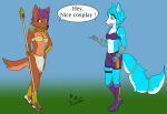 anthro blue_body blue_fur brown_body brown_fur canid canine clothing cosplay duo female fox fur gloves handwear hi_res kincaid krystal_(star_fox) lonelywolfy mammal nintendo plantigrade staff star_fox