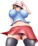  blue_(pokemon) blue_eyes blush breasts brown_hair from_below harumi_(harumix) hat impossible_clothes impossible_shirt large_breasts long_hair midriff nipples panties pokemon porkpie_hat shirt skirt smile socks solo thighhighs underwear 