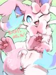2024 4_toes ambiguous_gender blue_body blue_eyes blue_fur blush blush_lines claws dated digital_media_(artwork) digitigrade eeveelution fangs feet feral fluffy fur generation_6_pokemon happy hi_res ineka kemono looking_at_viewer nintendo one_eye_closed open_mouth open_smile pawpads paws pink_body pink_fur pokemon pokemon_(species) quadruped smile solo sylveon tail teeth toe_claws toes tongue white_body white_fur wink