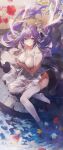  1girl absurdres alternate_costume bare_arms bare_shoulders commentary cone_hair_bun dress flower genshin_impact hair_bun highres keqing_(genshin_impact) long_hair looking_at_viewer no_shoes purple_eyes purple_hair red_flower sitting solo swkl:d thighhighs twintails very_long_hair white_dress white_thighhighs 