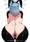  1girl absurdres animal_ears ass backboob bare_back bent_over black_shrug breasts butt_plug covered_pussy covering_crotch covering_privates crotchless crotchless_pantyhose fake_animal_ears frontless_outfit grey_hair halo highres huge_ass indie_virtual_youtuber latex latex_legwear latex_thighhighs meme_attire monarch_(amalee) myth1carts pantyhose pasties playboy_bunny reverse_bunnysuit reverse_outfit sex_toy short_hair shrug_(clothing) simple_background solo thighhighs virtual_youtuber white_background 