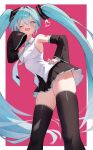  1girl 200f_(nifu) absurdres aqua_eyes aqua_hair aqua_nails aqua_necktie armpits black_sleeves border collared_shirt detached_sleeves feet_out_of_frame from_below hair_between_eyes hair_intakes hand_on_own_hip hatsune_miku heart highres leaning_forward long_hair miniskirt necktie one_eye_closed pink_background shirt skindentation skirt sleeves_past_fingers sleeves_past_wrists solo thighhighs twintails vocaloid white_border white_shirt zettai_ryouiki 