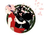  1girl bag black_headband border buizelbuibui cherry_blossoms closed_mouth falling_petals from_side green_eyes haruno_sakura headband naruto naruto_(series) petals pink_hair red_shirt round_border satchel shirt short_hair sleeveless sleeveless_shirt solo white_border 