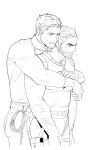  2boys bara beard_stubble couple cowboy_shot facial_hair from_side greyscale highres hug hug_from_behind large_pectorals male_focus mature_male monochrome multiple_boys muscular muscular_male mustache_stubble n01r31 original pants pectorals profile seductive_smile sketch smile sparse_chest_hair standing stubble thick_eyebrows undercut yaoi 
