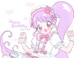  1girl :d blunt_bangs blush bow center_frills commentary_request dated dress frilled_dress frills hands_up happy_birthday idol_clothes lolita_fashion long_hair looking_at_viewer manaka_non open_mouth pink_bow poro_(pweedro) pretty_series pripara puffy_short_sleeves puffy_sleeves purple_eyes purple_hair short_sleeves side_ponytail simple_background sleeves_past_wrists smile solo sweet_lolita very_long_hair white_background white_dress wrist_cuffs 