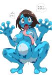 2024 3_toes 5_fingers amphibian animal_noises areola big_nipples biped blush blush_lines bodily_fluids brown_eyes brown_hair crouching donbi dripping feet female fingers frog genitals glass gloria_(pokemon) hair hi_res japanese_text long_tongue markings navel nintendo nipples open_mouth outie_navel poison_dart_frog pokemon pregnant pregnant_female pussy saliva saliva_on_tongue speech_bubble spots spotted_body tears text toes tongue tongue_out white_areola