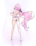  1girl absurdres ass back black_bow blue_eyes bow bra breasts closed_mouth elf elysia_(honkai_impact) full_body guratan hair_bow hands_on_own_hips highres honkai_(series) honkai_impact_3rd kneepits large_breasts lingerie long_hair looking_at_viewer looking_back panties pink_hair pointy_ears reflective_floor single_thighhigh smile soles solo standing thighhighs tiptoes underwear very_long_hair white_bra white_panties white_thighhighs 