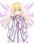  1girl blonde_hair choker collarbone collet_brunel crying crying_with_eyes_open dress floating_hair green_eyes long_hair long_sleeves looking_at_viewer one_eye_closed smile solo standing tales_of_(series) tales_of_symphonia tears white_background white_dress ye_(pixiv4862539) 