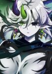  1girl absurdres black_eyes breasts diabell_fiendess_of_the_white_woods duel_monster earrings green_eyes heterochromia highres horns jewelry large_breasts lyrin_(haireirei) messy_hair pointy_ears short_hair solo white_hat yu-gi-oh! 