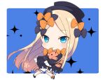  1girl :o abigail_williams_(fate) big_head black_bow black_dress black_footwear black_hat blonde_hair bloomers blue_background blue_eyes bow chibi commentary_request dress fate/grand_order fate_(series) forehead full_body hair_bow hugging_object long_hair looking_at_viewer nekomura_yuyuko orange_bow parted_bangs parted_lips polka_dot polka_dot_bow shoes solo stuffed_animal stuffed_toy teddy_bear two-tone_background very_long_hair white_background white_bloomers 