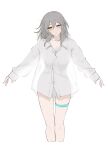  1girl absurdres commentary cropped_legs feint721 grey_hair highres honkai:_star_rail honkai_(series) long_sleeves no_pants panties see-through_silhouette shirt simple_background solo standing stelle_(honkai:_star_rail) thigh_strap trailblazer_(honkai:_star_rail) underwear white_background white_panties white_shirt yellow_eyes 