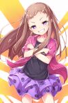  1girl black_shirt blush brown_hair clenched_teeth collarbone cowboy_shot crossed_arms dot_nose head_tilt idolmaster idolmaster_cinderella_girls koseki_reina kuresuku_(lessons) long_hair looking_at_viewer open_clothes open_shirt pink_shirt purple_eyes purple_skirt shirt short_bangs short_sleeves sidelocks skirt solo standing straight_hair teeth v-shaped_eyebrows 