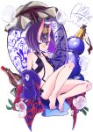  1girl asagirimao ass bare_shoulders barefoot bottle breasts eyeliner fate/grand_order fate_(series) gourd hair_ornament highres horns looking_at_viewer makeup purple_eyes purple_hair revealing_clothes short_hair shuten_douji_(fate) sitting skin-covered_horns small_breasts solo 