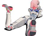  1girl android ass black_eyes full_body head_rest highres joints looking_at_viewer looking_back lying on_stomach original pink_hair robot_joints short_hair sideways_glance simple_background solo sukabu white_background 