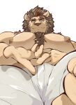  1boy animal_ears bara bulge chest_tuft come_hither cowboy_shot crave_saga crotch fang fang_out foreshortening from_below furry furry_male highres kaeru333938123 karaha_(crave_saga) large_pectorals lion_boy lion_ears lion_mane looking_at_viewer looking_down male_focus mature_male meme muscular muscular_male nipples offering_hand outstretched_hand pants pectorals reaching reaching_towards_viewer seductive_smile short_hair smile solo thick_eyebrows topless_male white_pants yur_oc_like_this_(meme) 