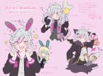  2boys animal_ears balloon black_jacket blonde_hair blue_eyes blue_hair candy candy_cane commentary_request crescent cropped_torso double_v fake_animal_ears fang food hair_between_eyes halloween_costume hands_up highres holding holding_balloon idol_land_pripara jacket long_hair long_sleeves looking_at_viewer male_focus multicolored_hair multiple_boys multiple_views ooedo_shinya open_mouth pink_background pink_eyes pink_hair poro_(pweedro) pretty_series pripara rabbit_ears short_hair sitting skin_fang smile sparkle star_(symbol) streaked_hair thought_bubble translation_request upper_body ushimitsu_(pripara) v white_hair 