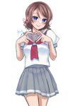  1girl absurdres blush brown_hair commentary heart highres love_live! love_live!_sunshine!! sailor_collar school_uniform serafuku short_hair simple_background skirt smile solo symbol-only_commentary thighs watanabe_you zokuro_1018 