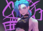  1girl arcane:_league_of_legends biting_own_lip blue_hair braid flat_chest highres jinx_(league_of_legends) keibleh league_of_legends long_hair looking_at_viewer pink_eyes purple_lips smile solo upper_body 