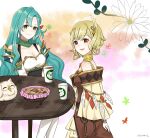  2girls :d aqua_hair armor bare_shoulders bird blonde_hair brand_name_imitation breasts brown_dress checkerboard_cookie chloe_(fire_emblem) citrinne_(fire_emblem) cleavage coffee_cup commentary_request cookie cup disposable_cup dress earrings feathers feh_(fire_emblem_heroes) fire_emblem fire_emblem_engage fire_emblem_heroes food green_eyes highres jewelry long_hair looking_at_viewer medium_breasts multiple_girls otokajife owl red_eyes short_hair shoulder_armor smile starbucks table very_long_hair 