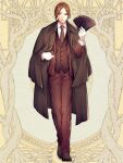  1boy adjusting_clothes brown_coat brown_eyes brown_footwear brown_hair brown_jacket brown_necktie brown_pants brown_suit brown_vest coat coat_on_shoulders collared_shirt dairoku_ryouhei full_body gloves hand_up holding jacket kamino_tokiwa loafers long_sleeves looking_at_viewer male_focus morino_bambi necktie open_clothes open_jacket pants parted_bangs parted_lips plaid plaid_jacket plaid_pants plaid_vest shirt shoes short_hair sidelocks smirk solo standing suit suit_jacket talisman vest white_gloves white_shirt yellow_background 