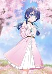  1girl belt blue_eyes blue_hair blue_ribbon blue_sky blurry blurry_background brown_belt brown_choker cherry_blossoms choker closed_mouth clothing_cutout collared_dress commentary dark_blue_hair dress dress_ribbon falling_petals feet_out_of_frame gradient_dress hair_ribbon hand_on_own_chest highres hikari_wind0919 link!_like!_love_live! long_hair long_sleeves looking_at_viewer love_live! low_twintails murano_sayaka open_clothes open_dress petals pink_dress pink_petals pleated_dress ribbon shoulder_cutout sky smile solo split_mouth standing twintails virtual_youtuber white_dress 