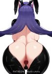  1girl absurdres akuma_nihmune animal_ears ass backboob bare_back bent_over breasts butt_plug covered_pussy demon_girl demon_horns fake_animal_ears from_behind highres horns huge_ass indie_virtual_youtuber large_breasts long_hair myth1carts no_bra no_panties playboy_bunny purple_hair sex_toy simple_background solo virtual_youtuber white_background 