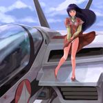  1girl blue_hair choujikuu_yousai_macross cloud dress green_eyes long_hair lynn_minmay macross outdoors panties pantyshot robotech solo underwear wind_lift 