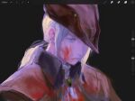  1girl art_program_in_frame ascot bicorne blood blood_on_clothes blood_on_face bloodborne brooch closed_mouth grey_eyes hat highres jewelry keibleh lady_maria_of_the_astral_clocktower long_hair ponytail solo upper_body white_ascot white_hair 