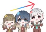  3girls :d :o ^_^ aqua_neckerchief arrow_(symbol) black_choker black_gloves blue_eyes blue_hair blue_ribbon bob_cut braid brown_cardigan brown_dress brown_hair cardigan center-flap_bangs chibi chibi_only choker closed_eyes colored_inner_hair commentary_request dark_blue_hair diagonal_bangs dollchestra dress gloves grey_hair hair_ornament hair_ribbon half_gloves hasu_no_sora_school_uniform highres inverted_bob kachimachi_kosuzu link!_like!_love_live! long_hair long_sleeves looking_at_viewer love_live! low_twintails medium_dress mole mole_on_neck multicolored_hair multiple_girls murano_sayaka neckerchief o-ring o-ring_choker open_cardigan open_clothes open_mouth pink_eyes pleated_dress red_hair red_neckerchief ribbon sailor_collar sailor_dress sakari_(pear_8_ll) school_uniform short_hair side_braids simple_background smile star_(symbol) star_hair_ornament straight_hair streaked_hair swept_bangs twintails virtual_youtuber white_background white_sailor_collar winter_uniform yellow_neckerchief yugiri_tsuzuri 