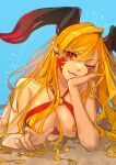  1girl alternate_costume bikini black_horns blonde_hair breasts dragon_horns facial_mark fate/grand_order fate_(series) highres hiyoko_no_tamago horns large_breasts long_hair long_horns looking_at_viewer nero_claudius_(fate) o-ring o-ring_bikini one_eye_closed pointy_ears queen_draco_(fate) queen_draco_(third_ascension)_(fate) red_eyes red_scales smile solo swimsuit 